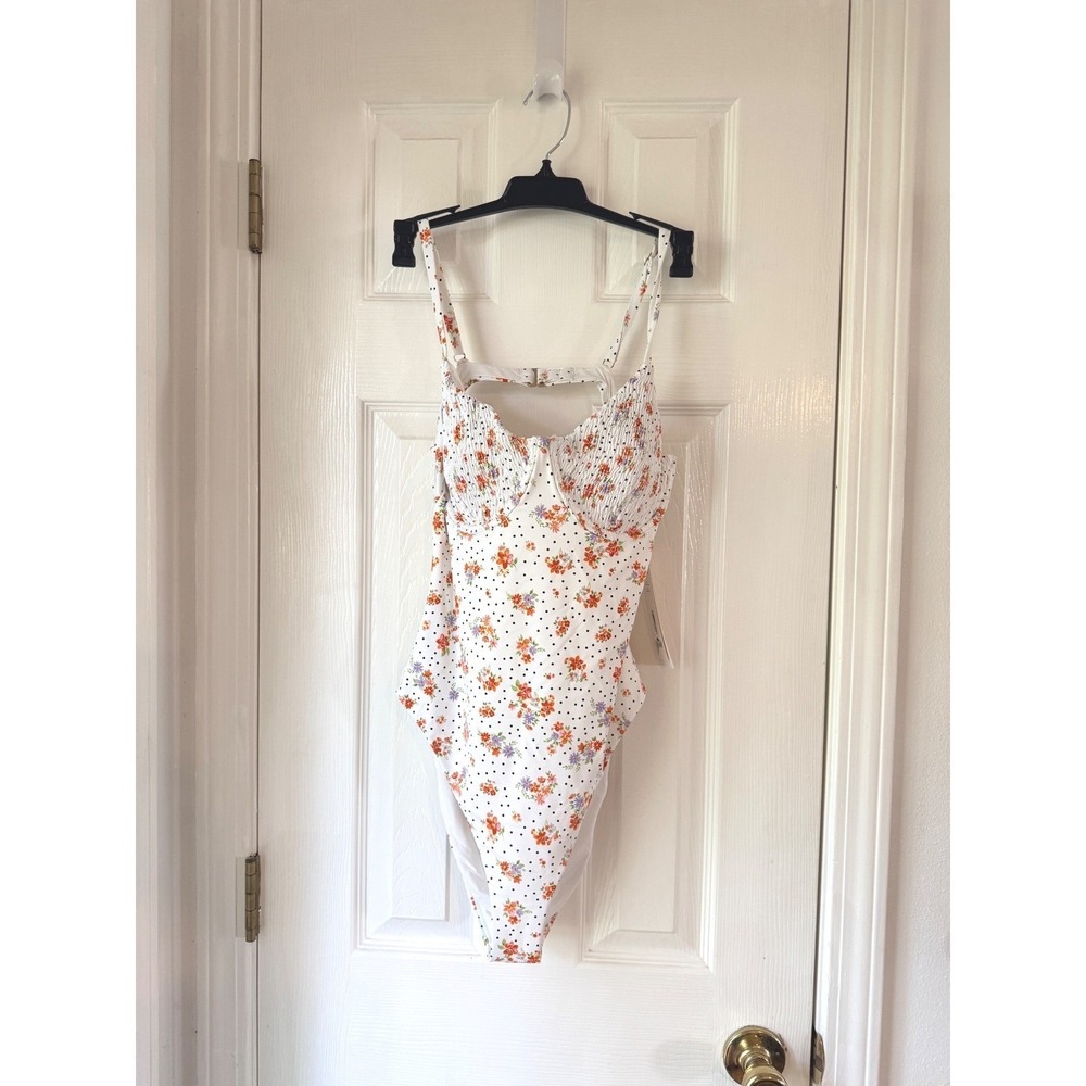 AQUA Smocked Underwire One Piece Swimsuit White Multi Floral Polka Dot XL